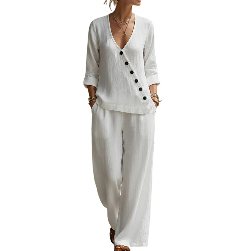 Women's V-Neck Asymmetrical Button Linen Two-Piece Set