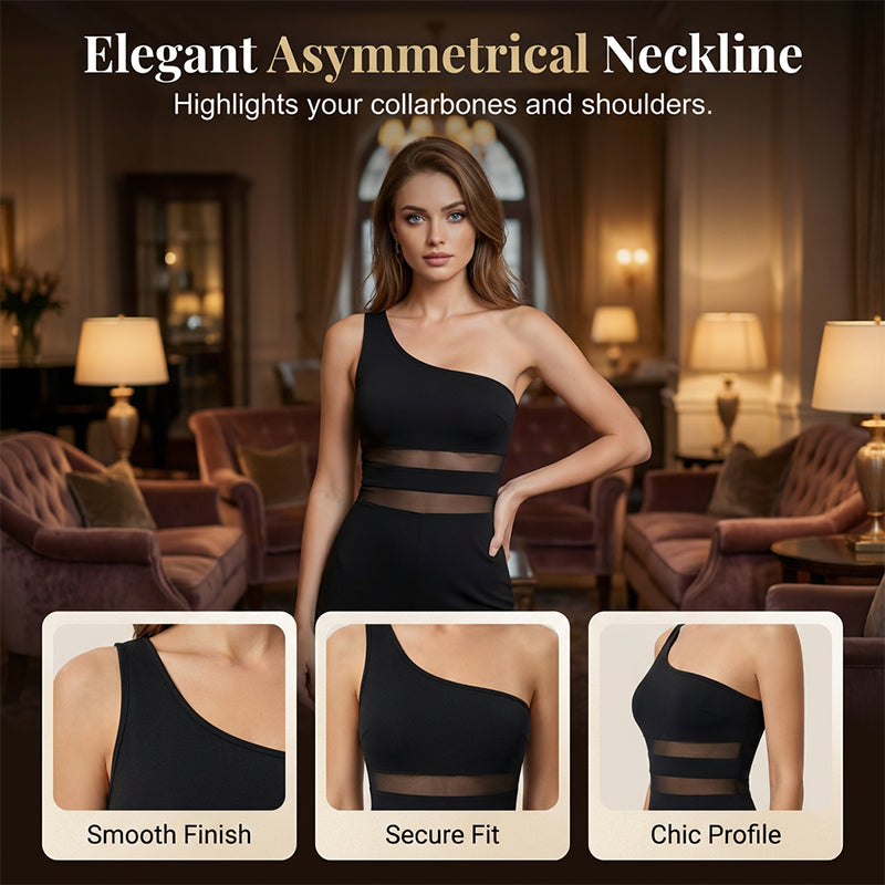 One-Shoulder Mesh Panel Wide-Leg Jumpsuit