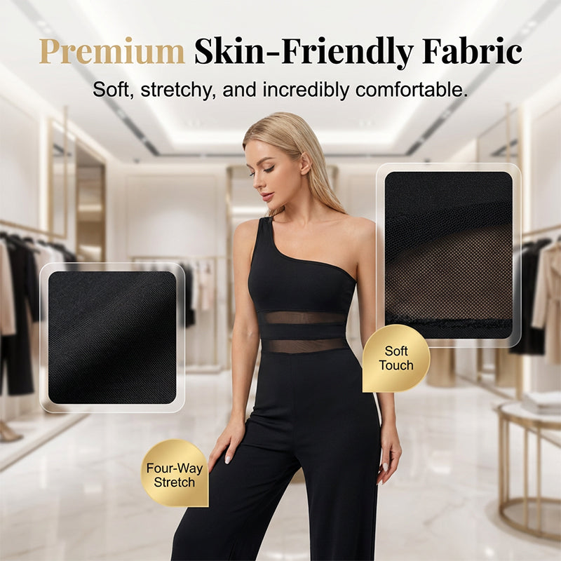 One-Shoulder Mesh Panel Wide-Leg Jumpsuit