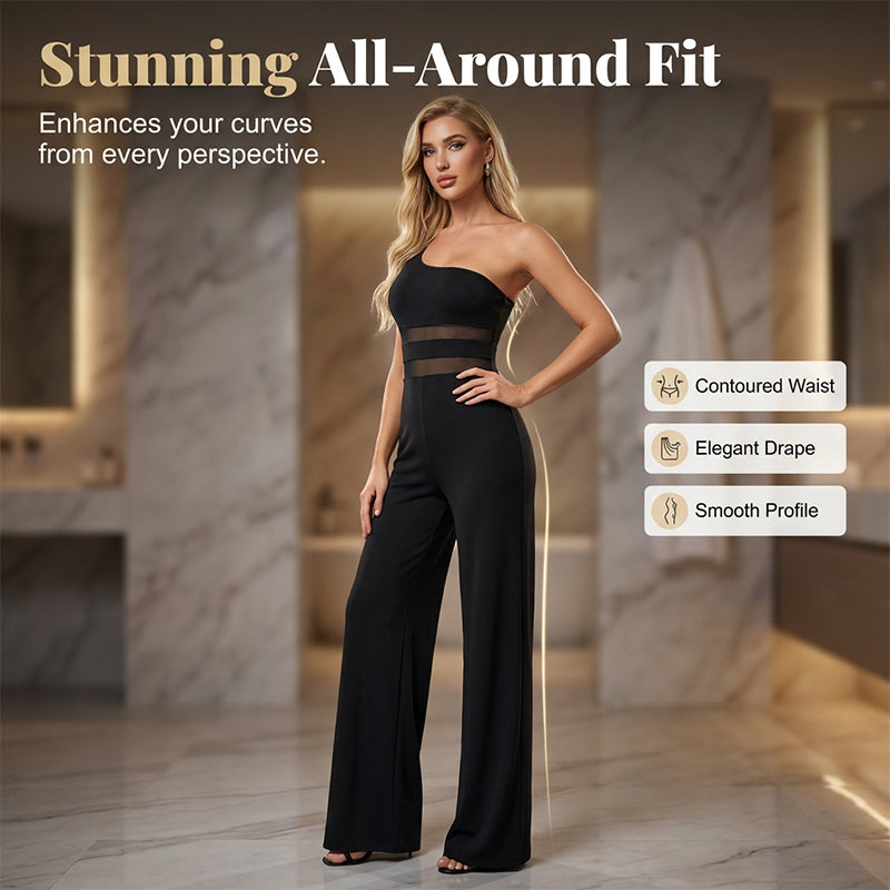 One-Shoulder Mesh Panel Wide-Leg Jumpsuit