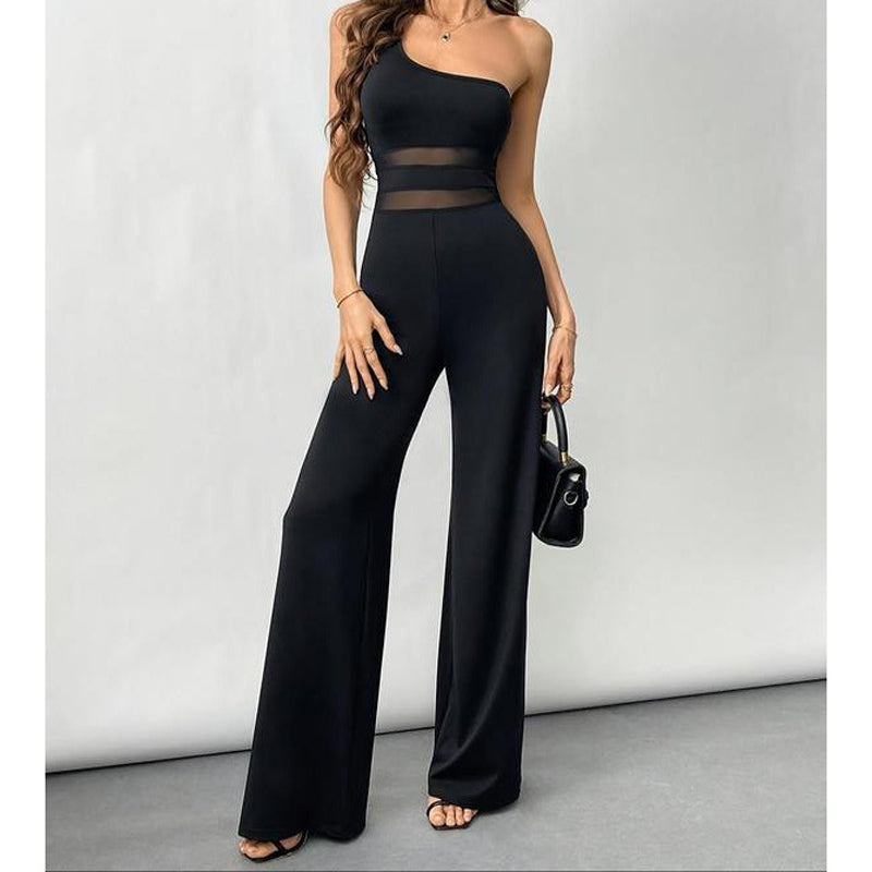 One-Shoulder Mesh Panel Wide-Leg Jumpsuit