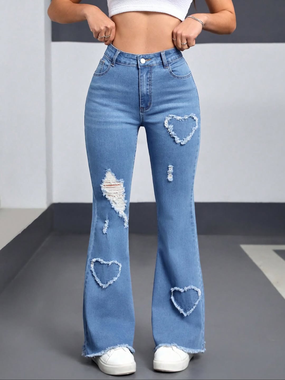 Blue Hearts 💙 High Waist Vintage Heart Patchwork Ripped Denim Jeans