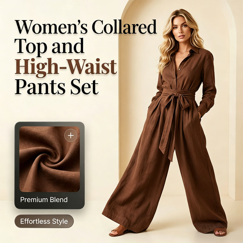 Women's Collared Top and High-Waist Pants Set