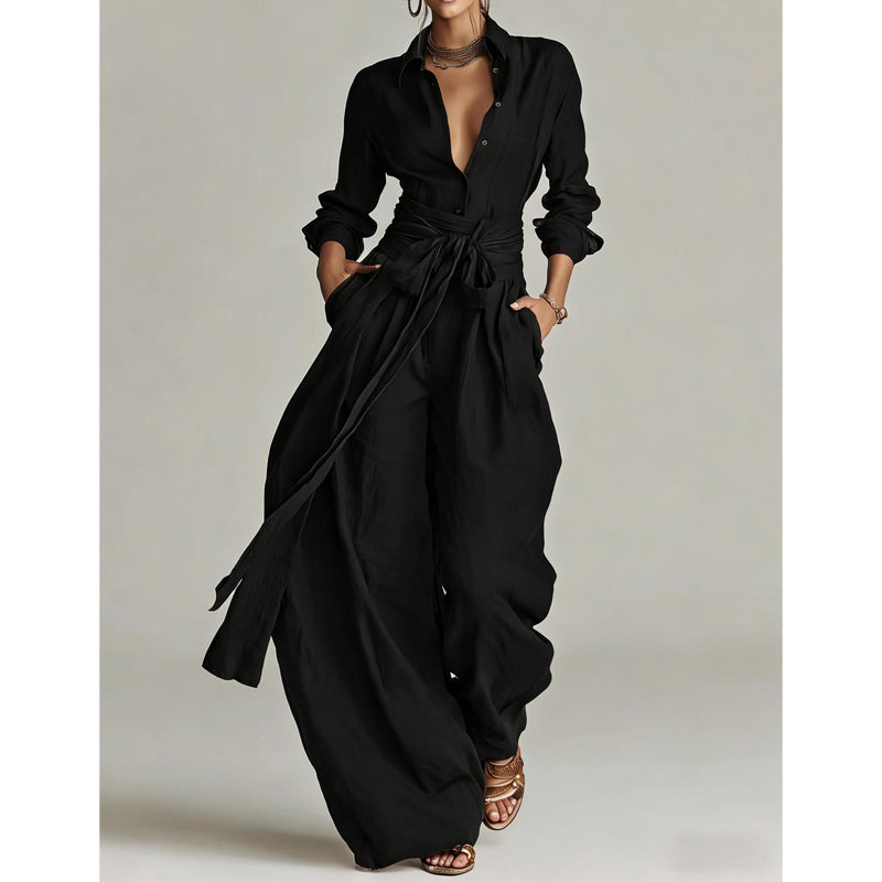Women's Collared Top and High-Waist Pants Set