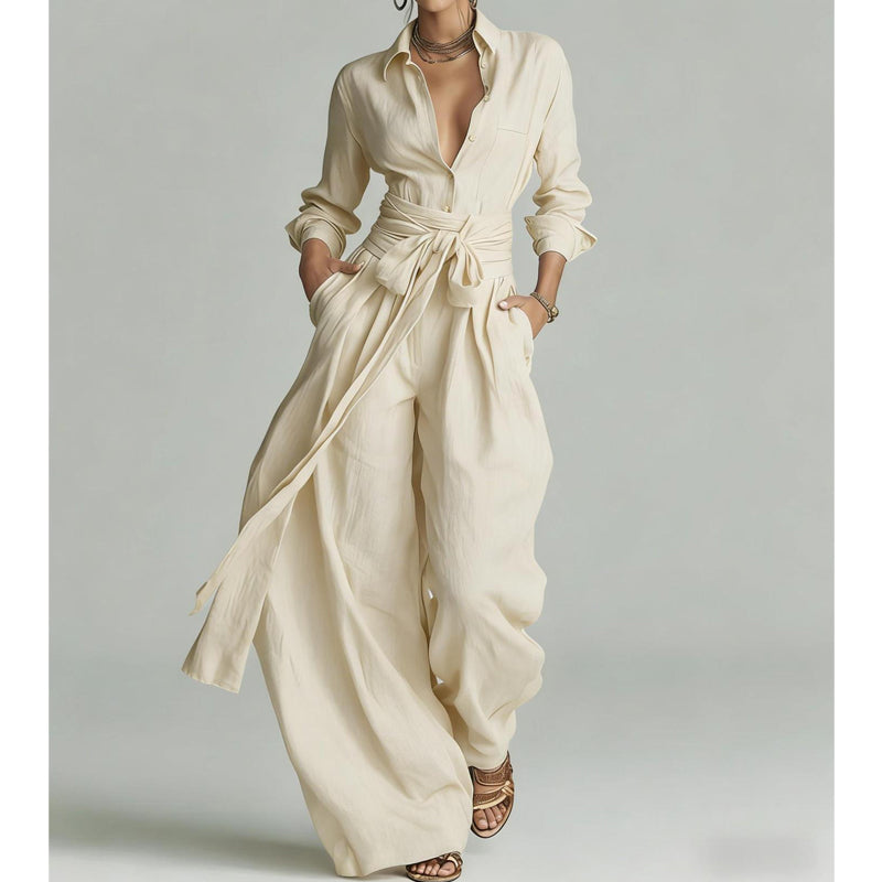 Women's Collared Top and High-Waist Pants Set