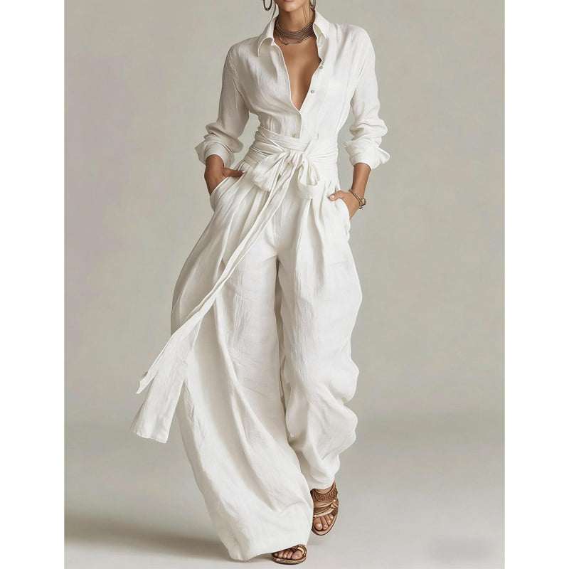 Women's Collared Top and High-Waist Pants Set