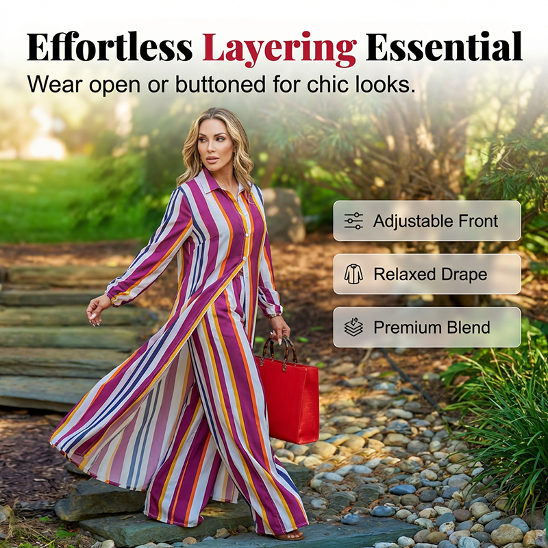 Vertical Stripe Button-Down Shirt & Wide-Leg Pant Set