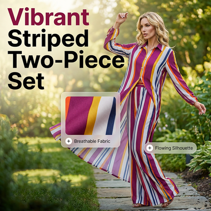 Vertical Stripe Button-Down Shirt & Wide-Leg Pant Set