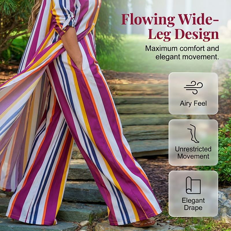 Vertical Stripe Button-Down Shirt & Wide-Leg Pant Set