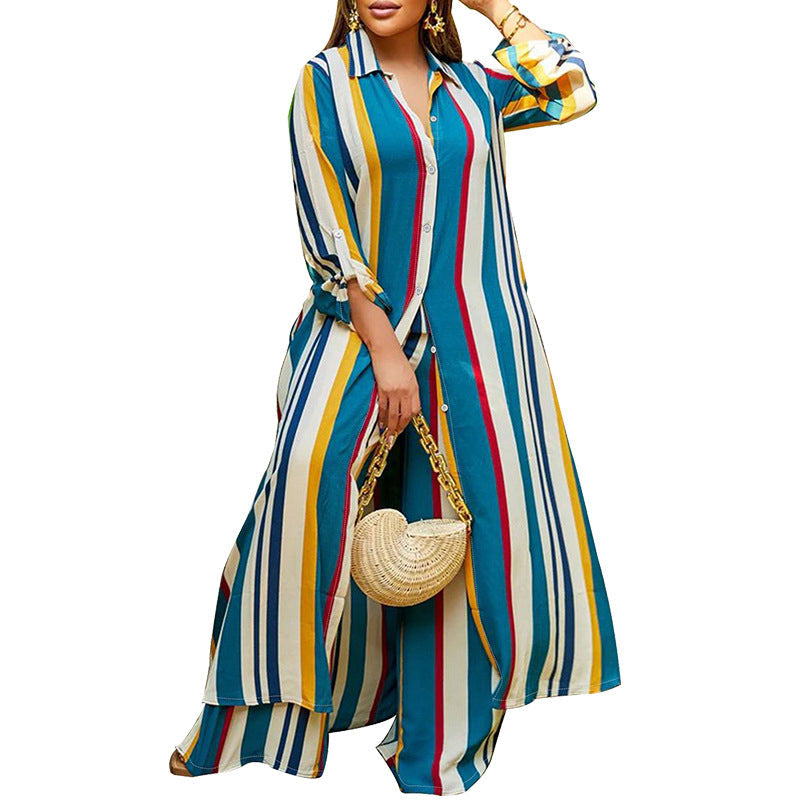 Vertical Stripe Button-Down Shirt & Wide-Leg Pant Set
