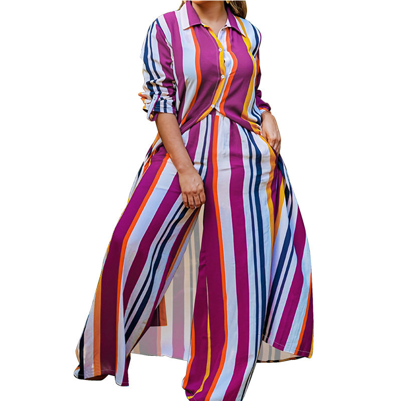 Vertical Stripe Button-Down Shirt & Wide-Leg Pant Set