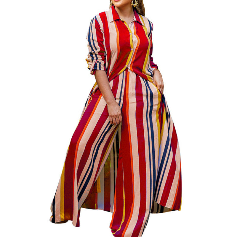 Vertical Stripe Button-Down Shirt & Wide-Leg Pant Set