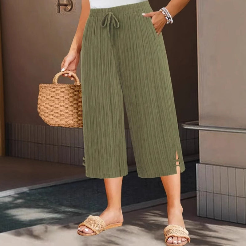 👖50% OFF NOW!🌿Ribbed Wide-Leg Capri Pants – Elastic Waist, Comfortable Fit & Perfect for Daily Wear ✨