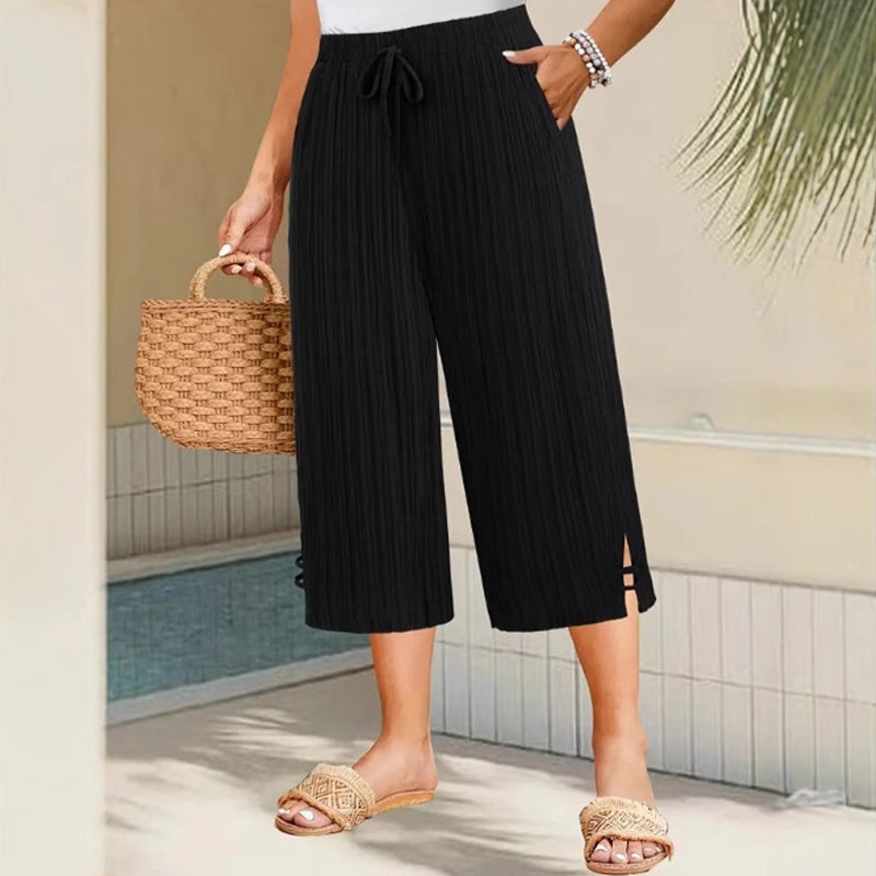 👖50% OFF NOW!🌿Ribbed Wide-Leg Capri Pants – Elastic Waist, Comfortable Fit & Perfect for Daily Wear ✨