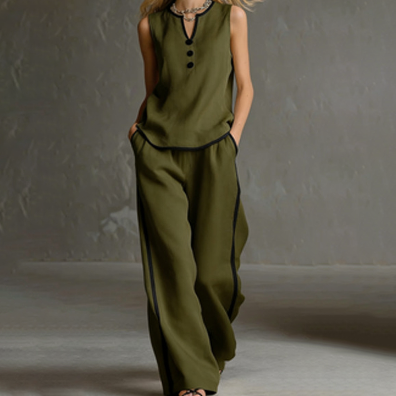 ✨👚👖Women's Contrast Trim Sleeveless Top & Wide-Leg Pants Set Elegant 2 Piece Matching Outfit Daily Vacation Casual Wear
