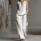 ✨👚👖Women's Contrast Trim Sleeveless Top & Wide-Leg Pants Set Elegant 2 Piece Matching Outfit Daily Vacation Casual Wear