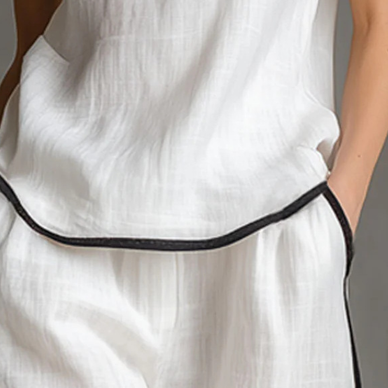 ✨👚👖Women's Contrast Trim Sleeveless Top & Wide-Leg Pants Set Elegant 2 Piece Matching Outfit Daily Vacation Casual Wear