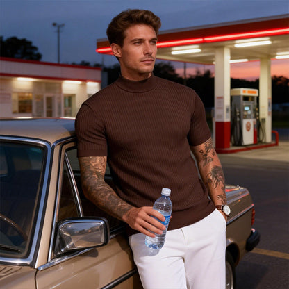 👕 LIMITED-TIME 50% OFF! ✨ Men's Slim Mock Neck T-Shirt – Ribbed, Short Sleeve, 6 Colors 🍁