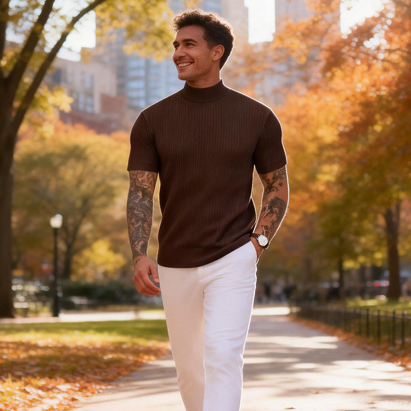 👕 LIMITED-TIME 50% OFF! ✨ Men's Slim Mock Neck T-Shirt – Ribbed, Short Sleeve, 6 Colors 🍁