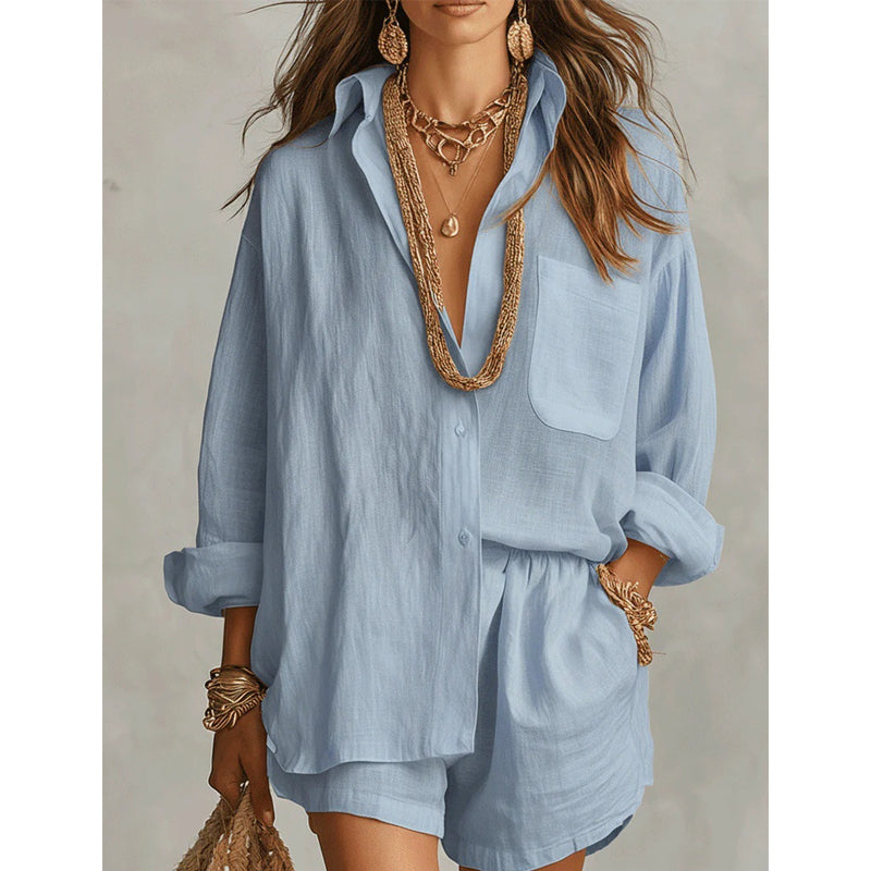 Women's Two-Piece Casual Shirt and Shorts Set