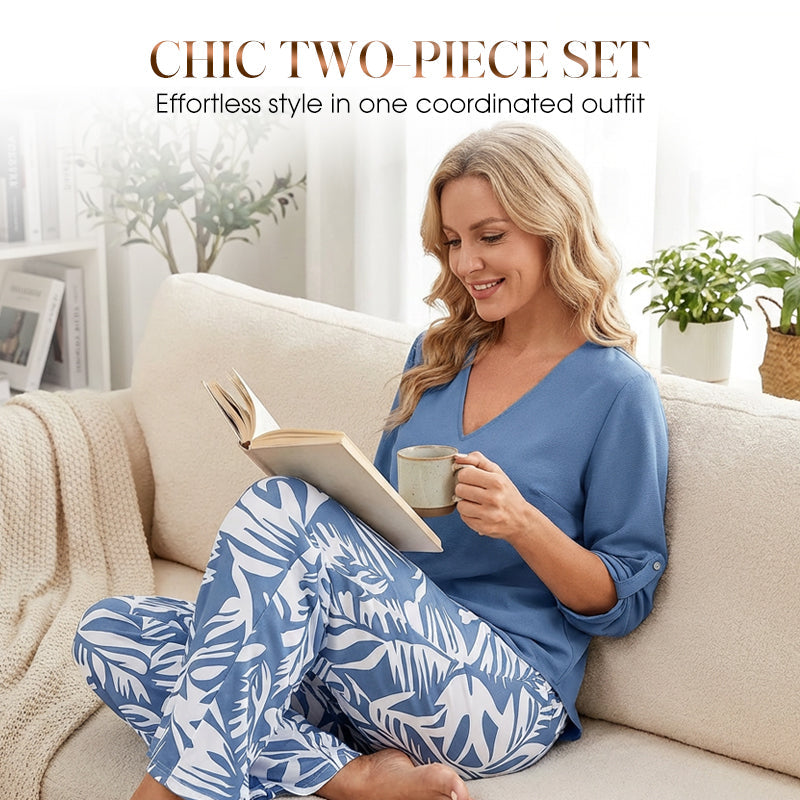 ⏳Time-Limited Special⏰Women's V-Neck Blouse & Printed Wide-Leg Pants Set