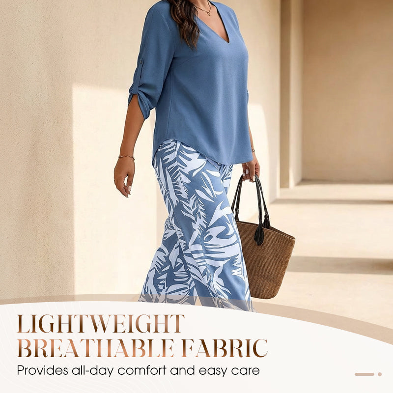 ⏳Time-Limited Special⏰Women's V-Neck Blouse & Printed Wide-Leg Pants Set