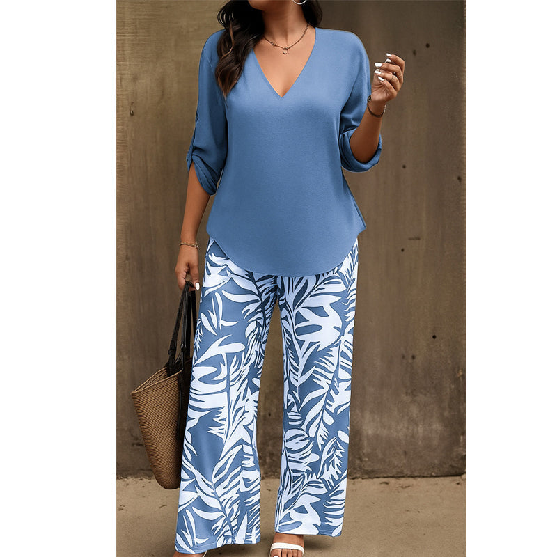 ⏳Time-Limited Special⏰Women's V-Neck Blouse & Printed Wide-Leg Pants Set