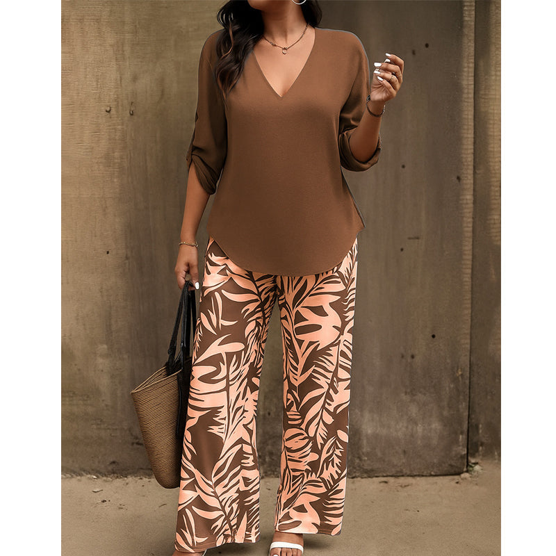 ⏳Time-Limited Special⏰Women's V-Neck Blouse & Printed Wide-Leg Pants Set