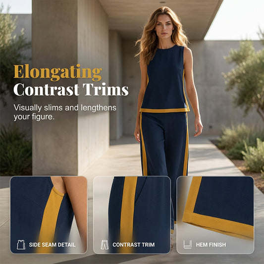 Casual Sleeveless Colorblock Top & Wide-Leg Pants Set