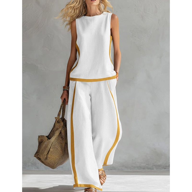 Casual Sleeveless Colorblock Top & Wide-Leg Pants Set