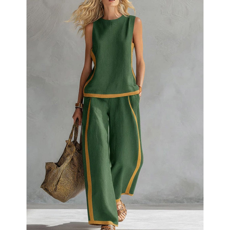 Casual Sleeveless Colorblock Top & Wide-Leg Pants Set