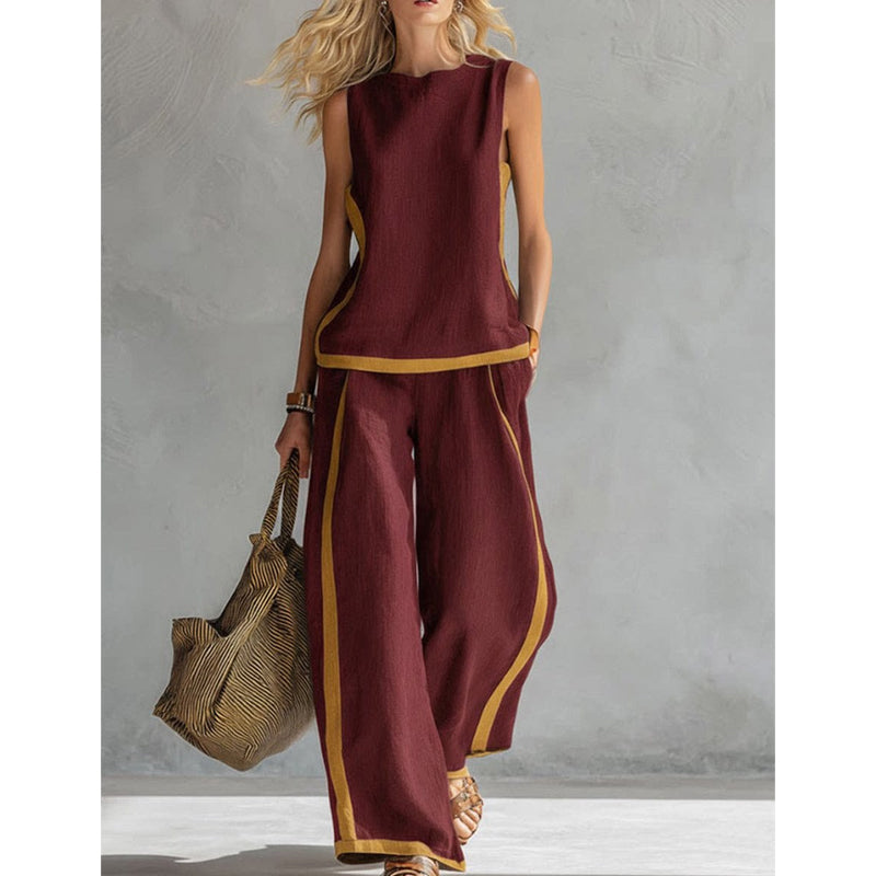 Casual Sleeveless Colorblock Top & Wide-Leg Pants Set