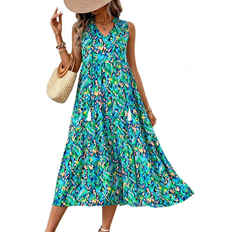 Women's Sleeveless Abstract Print Tiered Midi Dress