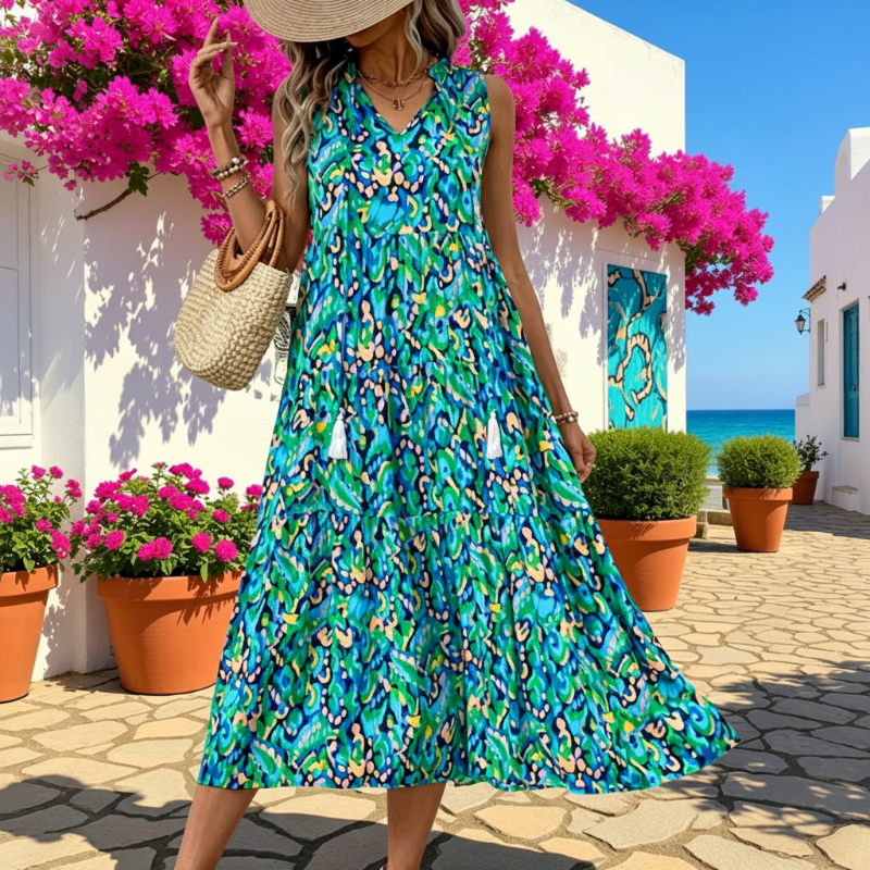Women's Sleeveless Abstract Print Tiered Midi Dress