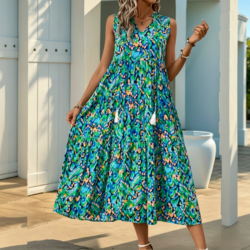Women's Sleeveless Abstract Print Tiered Midi Dress