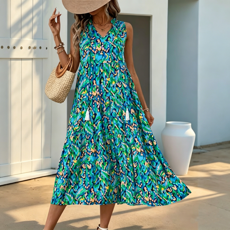 Women's Sleeveless Abstract Print Tiered Midi Dress