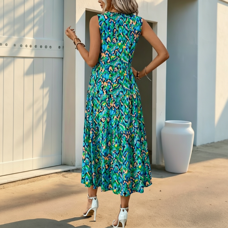 Women's Sleeveless Abstract Print Tiered Midi Dress