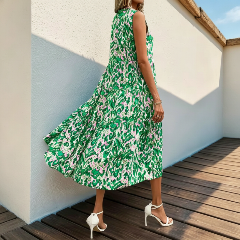 Women's Sleeveless Abstract Print Tiered Midi Dress
