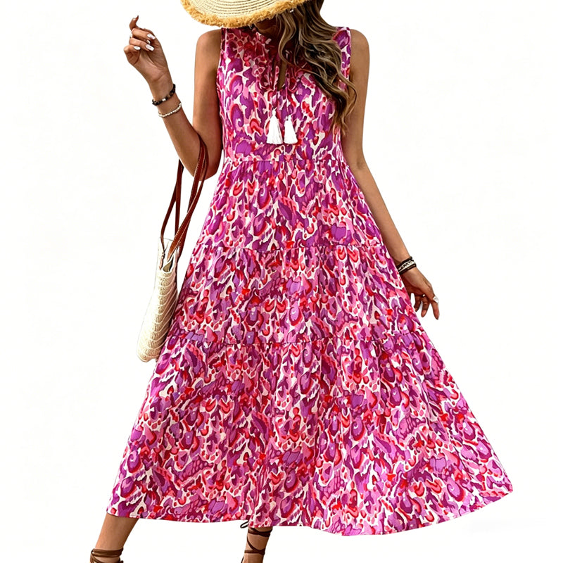 Women's Sleeveless Abstract Print Tiered Midi Dress