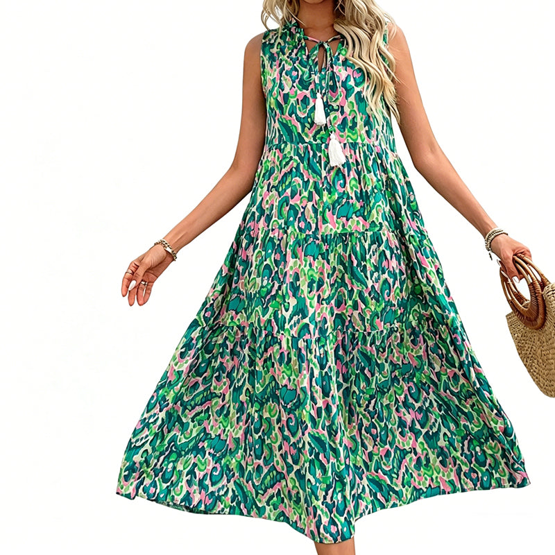 Women's Sleeveless Abstract Print Tiered Midi Dress