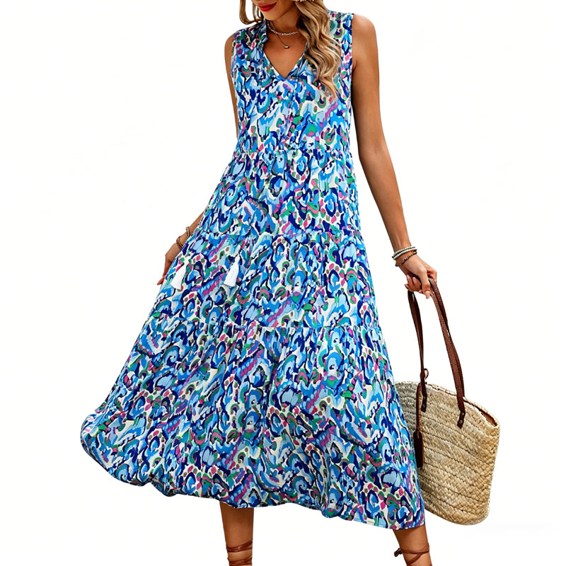 Women's Sleeveless Abstract Print Tiered Midi Dress