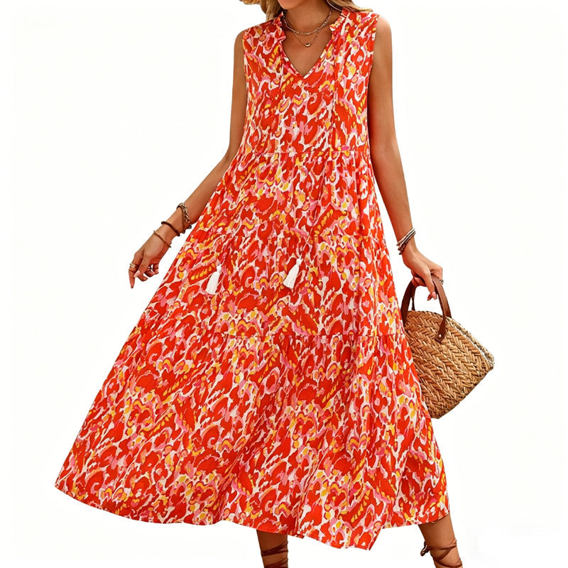 Women's Sleeveless Abstract Print Tiered Midi Dress