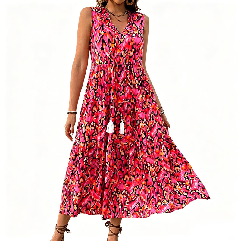 Women's Sleeveless Abstract Print Tiered Midi Dress