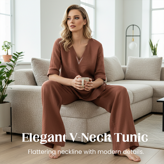 Breathable Linen Blend V-Neck Top and Pants Suit