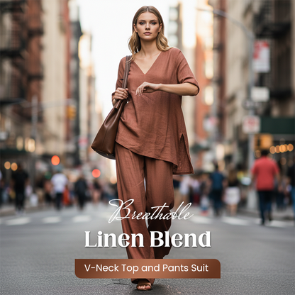 Breathable Linen Blend V-Neck Top and Pants Suit