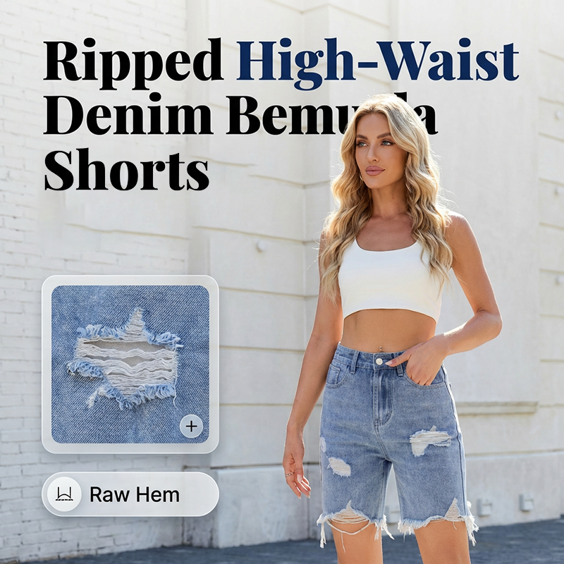 Women's Ripped High-Waist Denim Bermuda Shorts