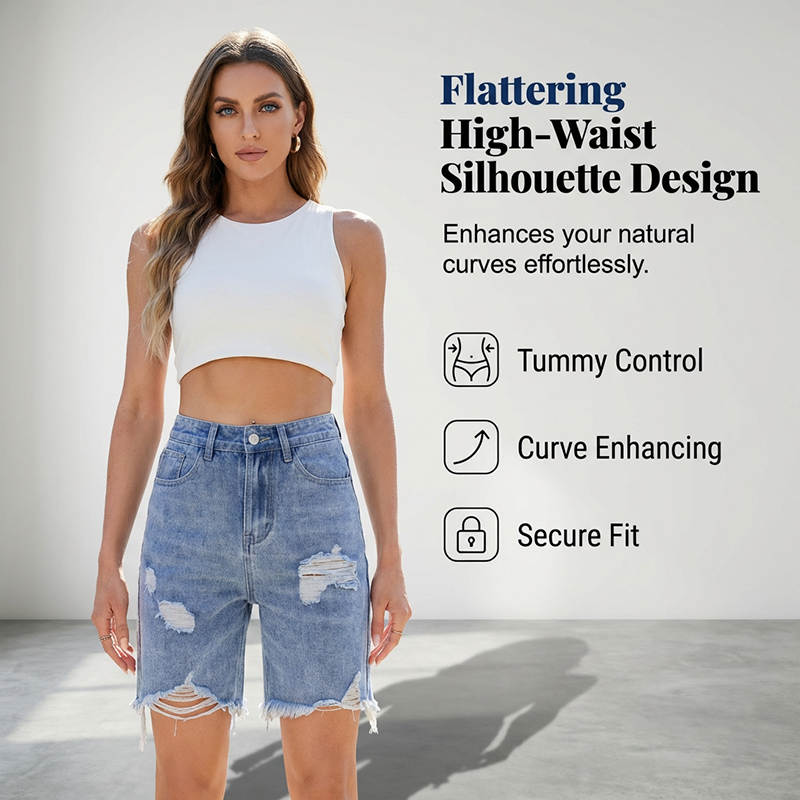 Women's Ripped High-Waist Denim Bermuda Shorts