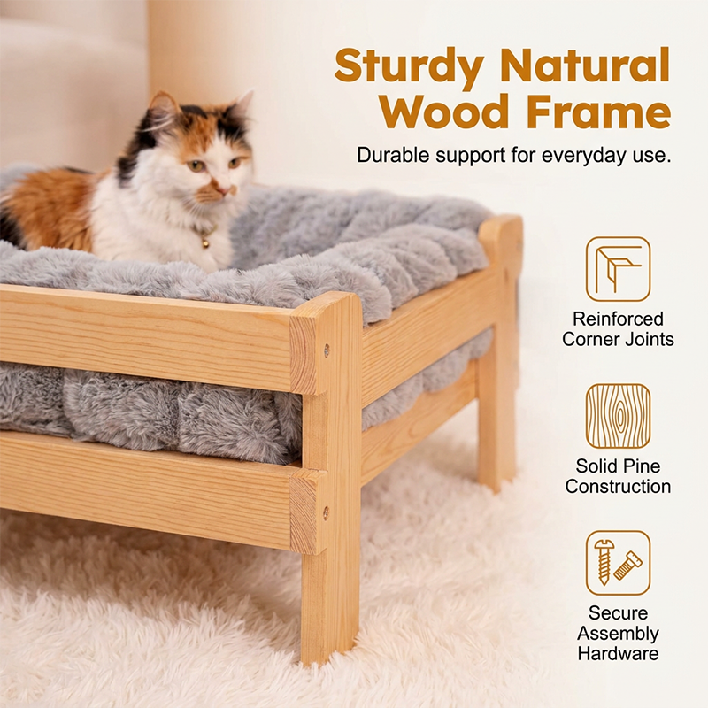Elevated Plush Pet Bed with Wooden Frame