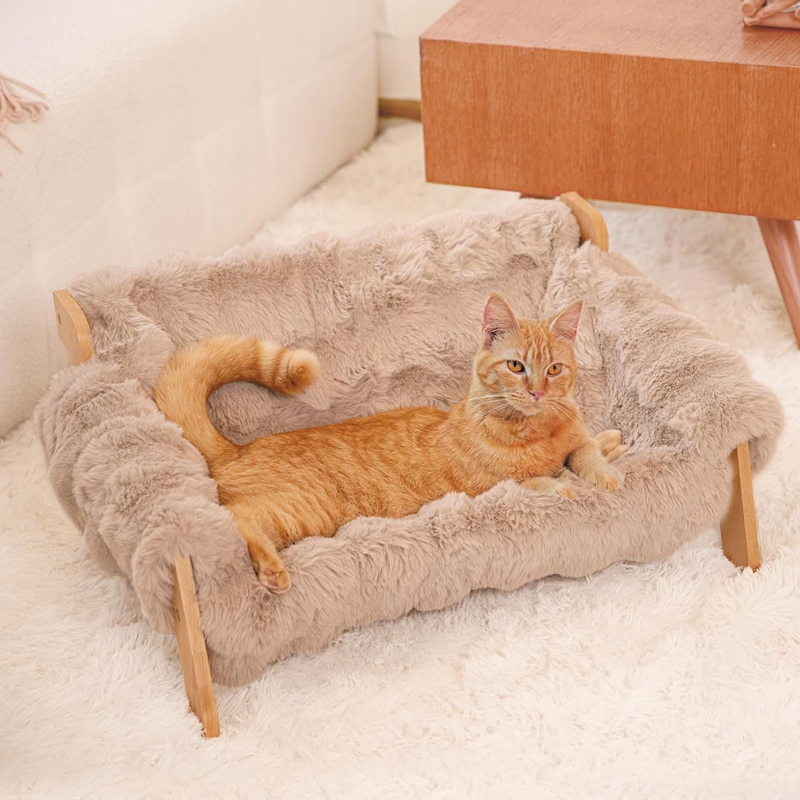 Elevated Plush Pet Bed with Wooden Frame