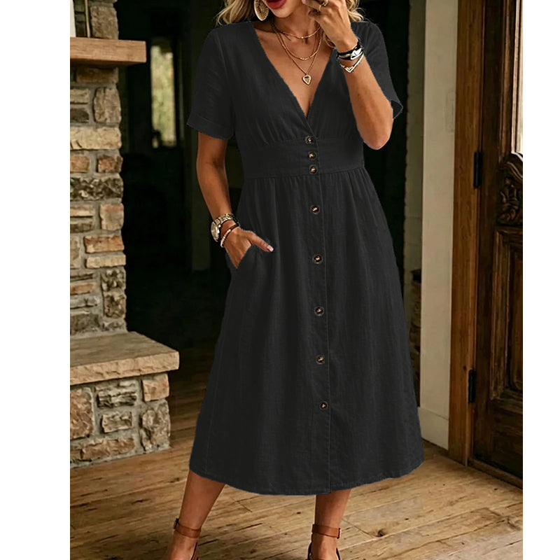 🌸 Effortless Summer Chic – Women's Summer V-Neck Button-Down Dress☀️